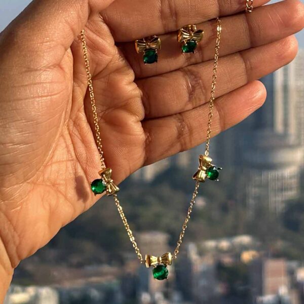 Gold Bow Necklace & Earrings Set with Green Stone