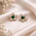 Green and white cubic zirconia floral stud earrings