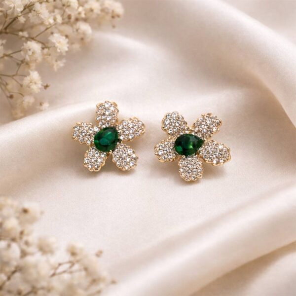 Green and white cubic zirconia floral stud earrings