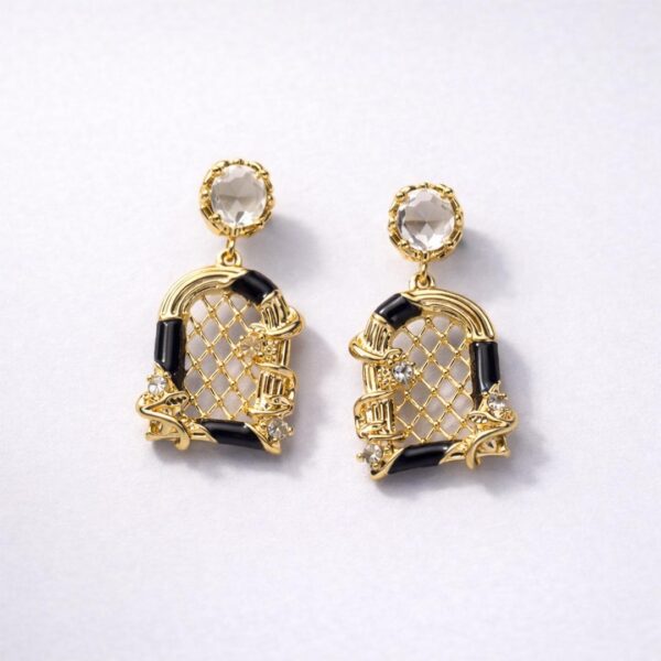 High end black enamel birdcage drop earrings