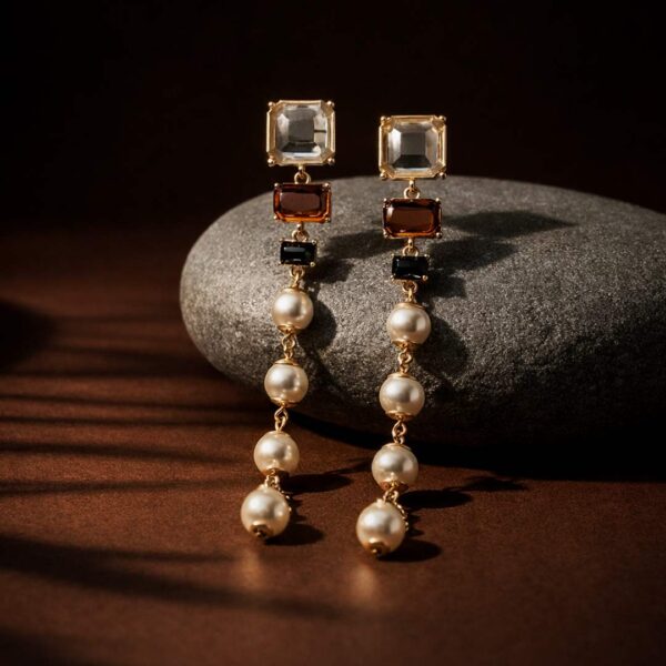Gold plated amber crystal pearl drop earrings