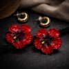 Red hibiscus flower hoop earrings gold plated