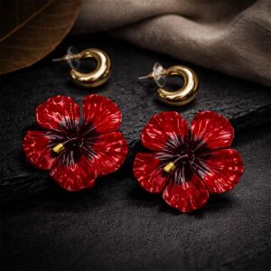 Red hibiscus flower hoop earrings gold plated