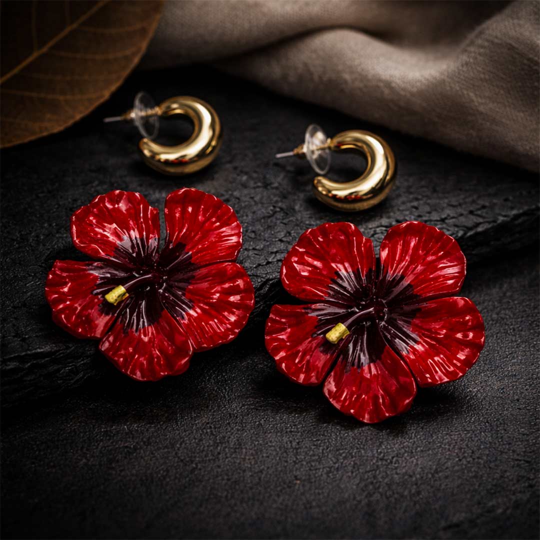 Red hibiscus flower hoop earrings gold plated