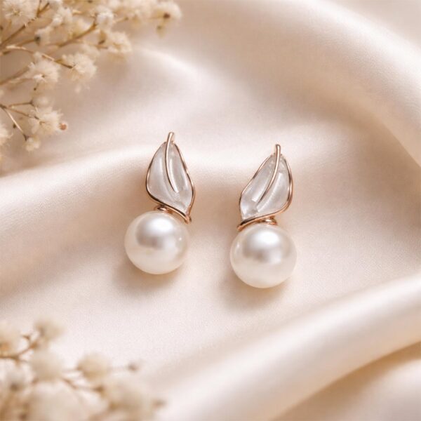 Rose gold leaf pearl drop stud earrings