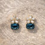 Blue crystal flower stud earrings gold plated