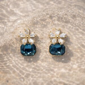 Blue crystal flower stud earrings gold plated