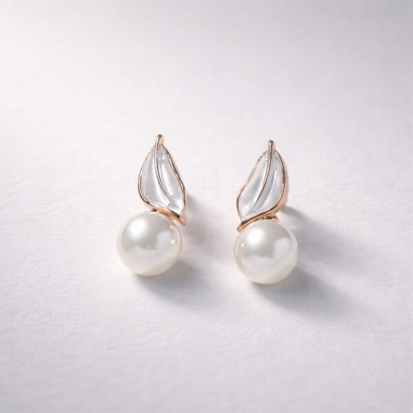 Rose gold leaf pearl drop stud earrings