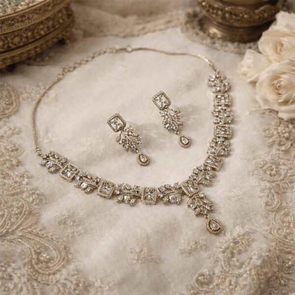 Silver zircon choker necklace set with earrings
