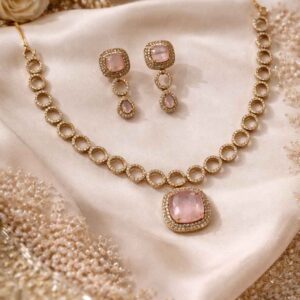 Pink stone gold necklace set
