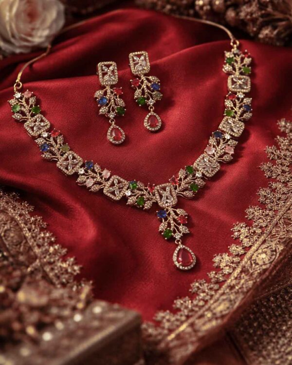 Multicolor Stone Antique Necklace | CZ Gold Plated Statement Jewellery with Earrings